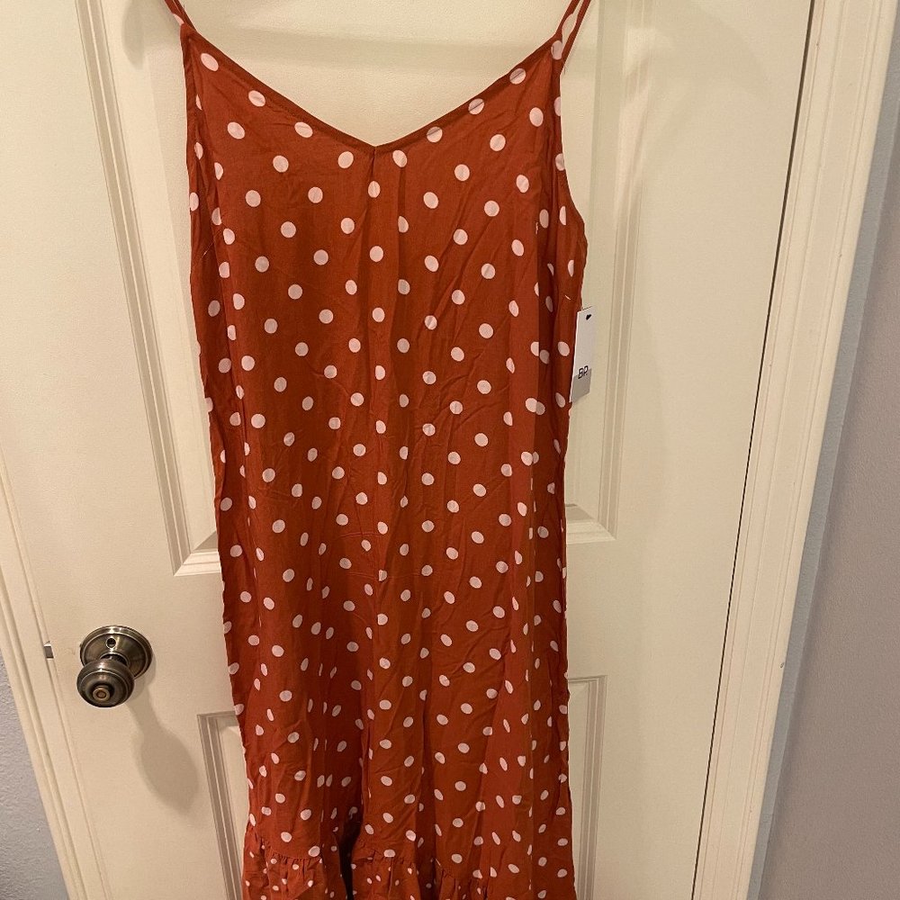 BP Red Polish Polka Dot Strappy Midi Length Dress with Ruffle